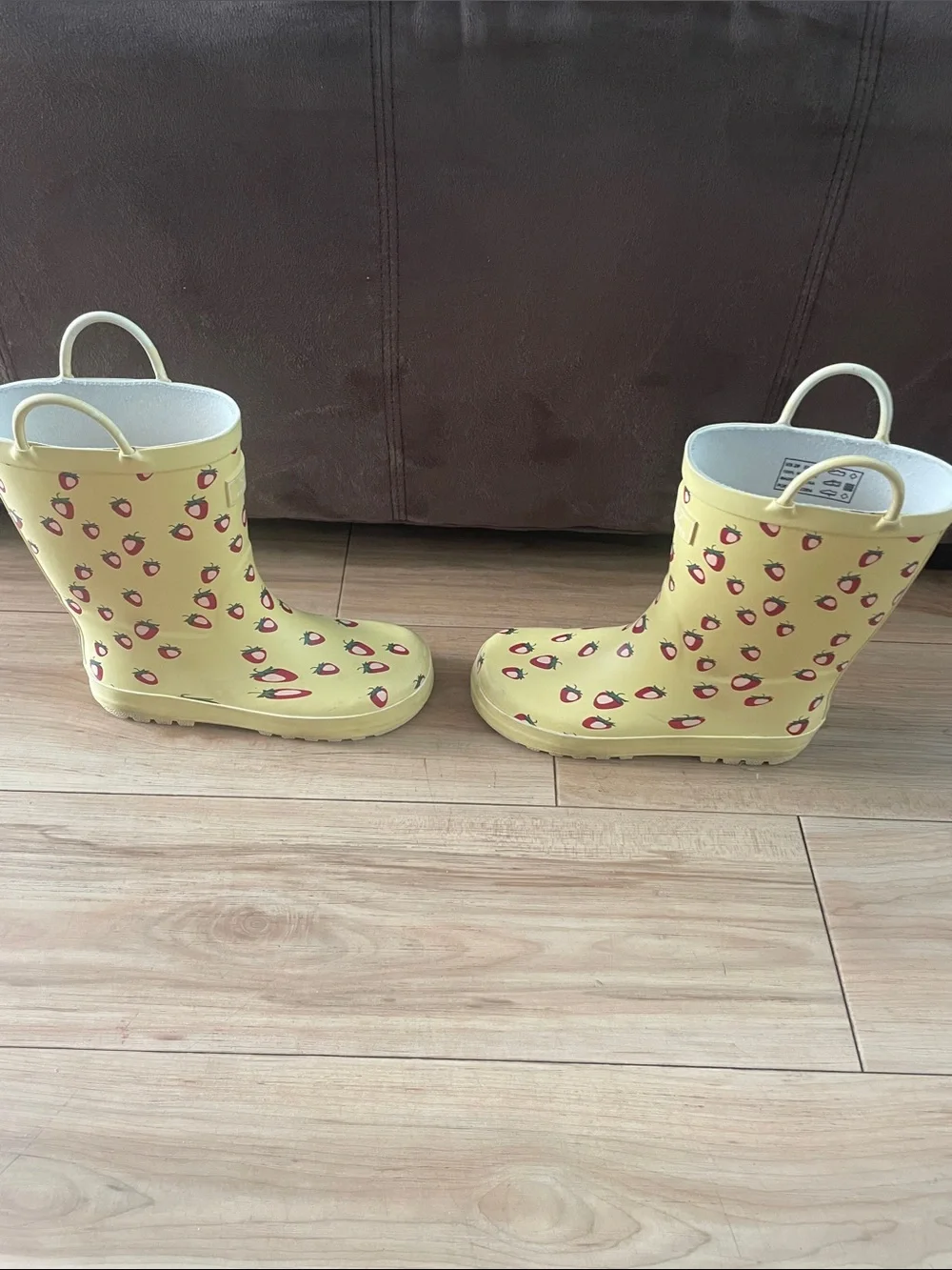 Kids Yellow Rain Boots with Pink Strawberry Pattern